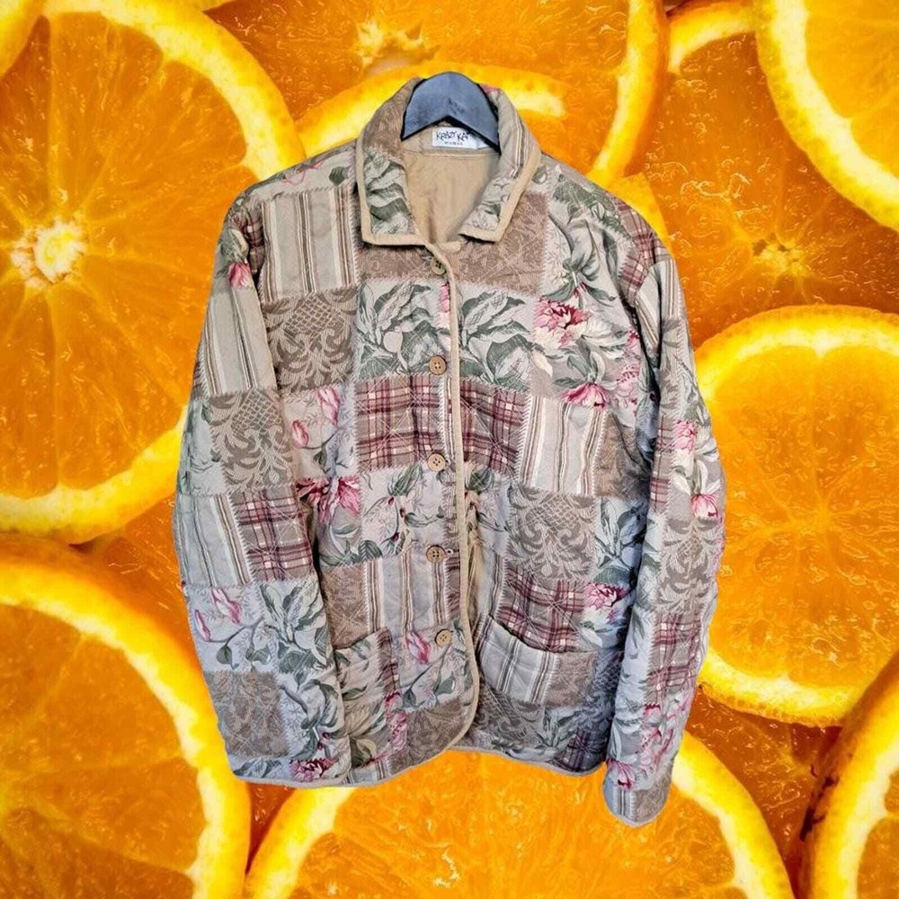 Krazy Kat Woman Quilted Patchwork Floral Jacket Beige Pink Size 14/16 Vintage